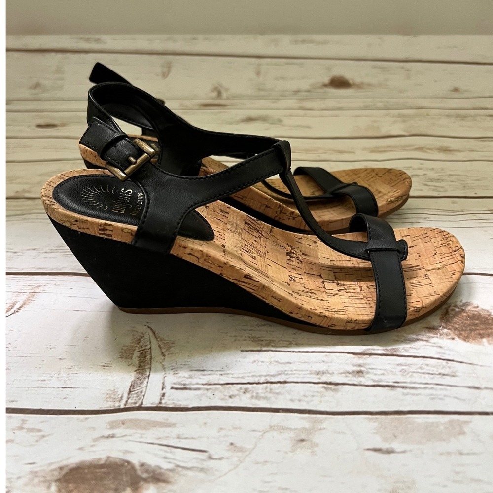 G.H. Bass Sunjuns Bloom 2 Wedge Sandal Black T-Strap Cork Footbed 8.5M